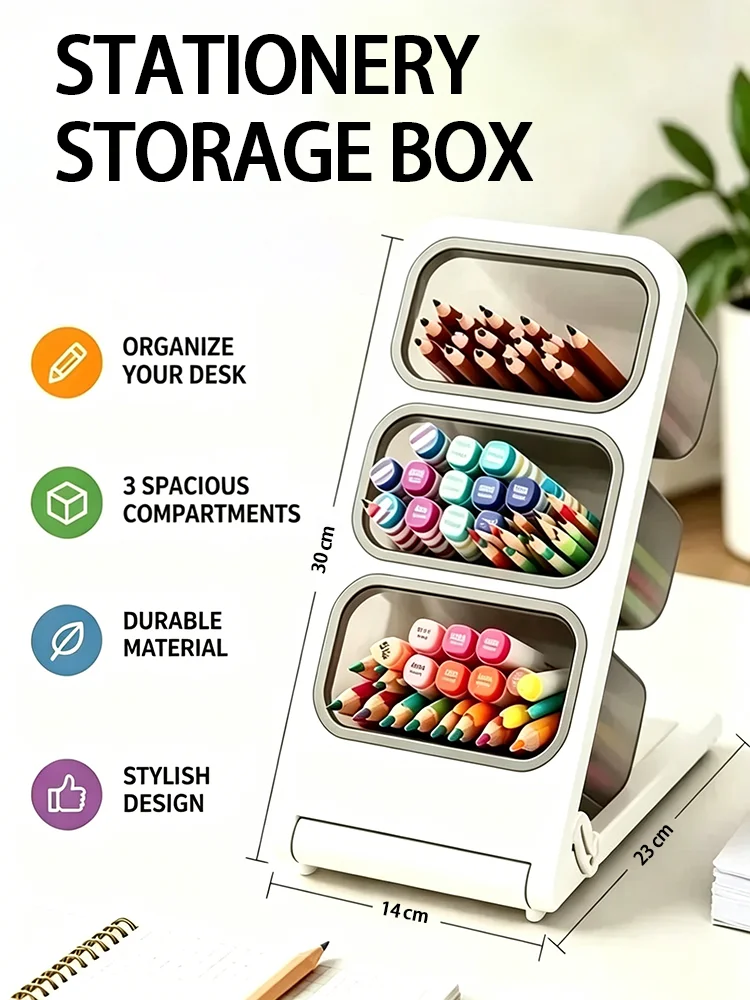 Multi-Layer Slant Desktop Stationery Organizer, Detachable 3 Grid Pen Holder, Pencil Storage Caddy for Office School Supplies