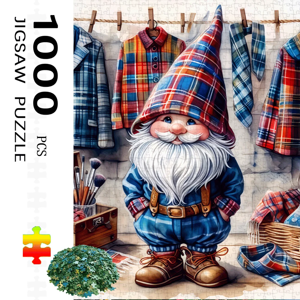 1000-teiliges Zwergen-Puzzle-Spielzeug – großes Papierpuzzle mit lebendigem kariertem Hut und Stiefeln, skurrile Gartenszene, ideal für Erwachsene und Familien