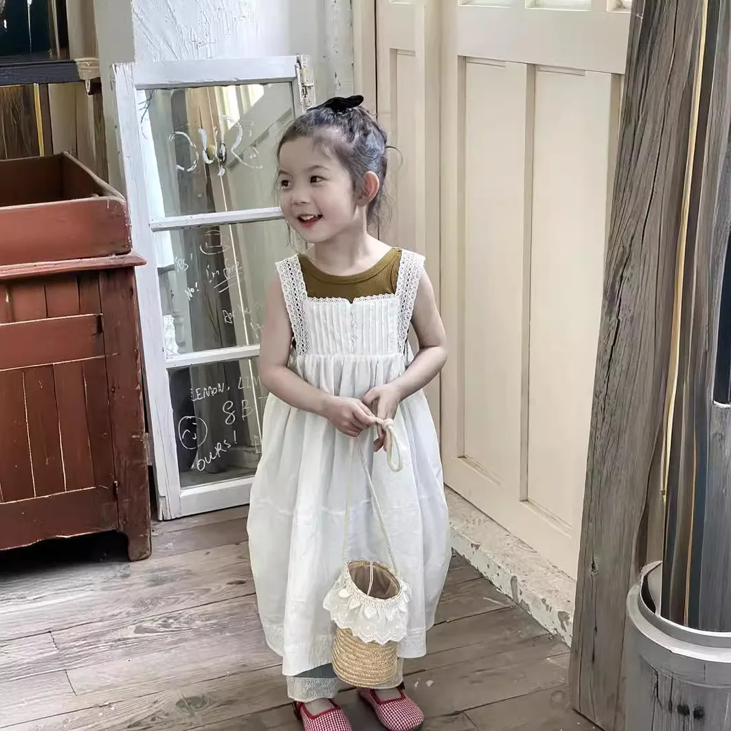 Girls Casual Dresses Princess Summer New Korean 2024 White Lace Flower Edge Vest Long Childrens Clothing Hollowing Out