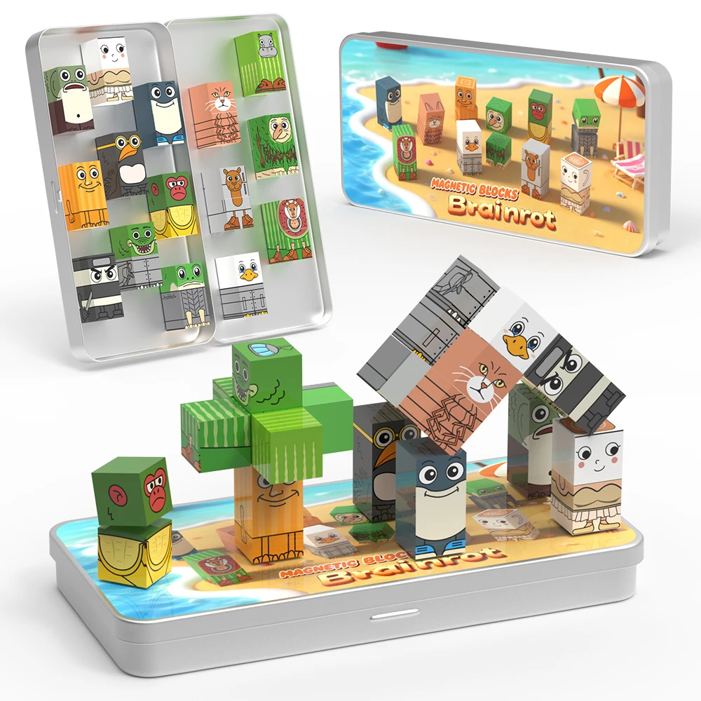 Italiaanse Brainrot Mini magnetische blokken met draagbare ijzeren doos, Tralalero Tralala figuren magnetische reisbouwstenen
