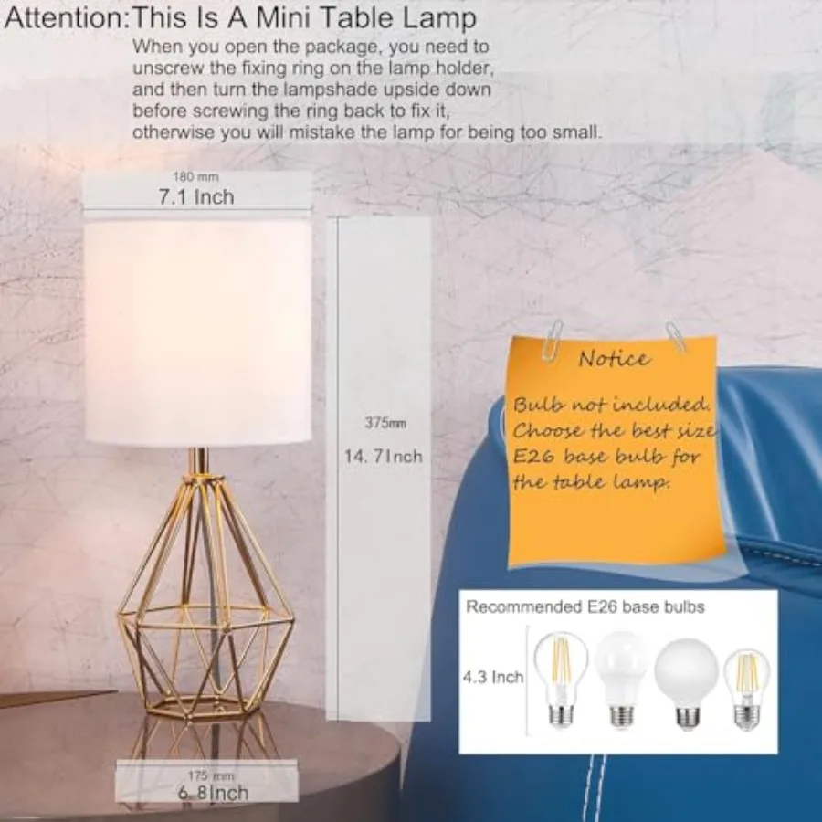 Modern Hollow Out Base Bedroom Small Table Lamp, Bedside Nightstand Lamp with Geometric Metal Base White Fabric Shade, Cute Des view 2