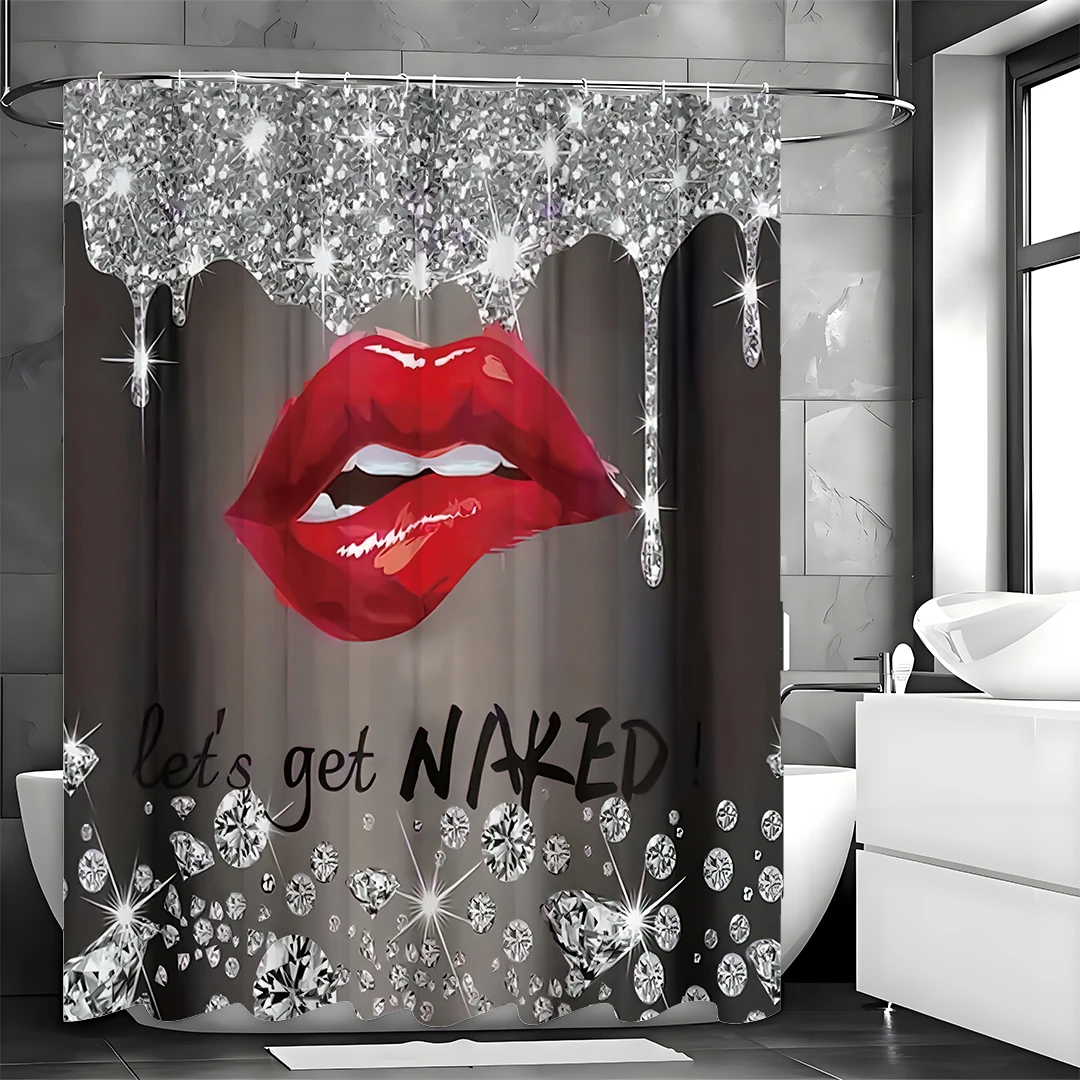 Sexy Red Lips Shower Curtain With Sparkling Diamonds And Let's Get NAKED Text Glamorous Bathroom Decor Waterproof Fabric Design