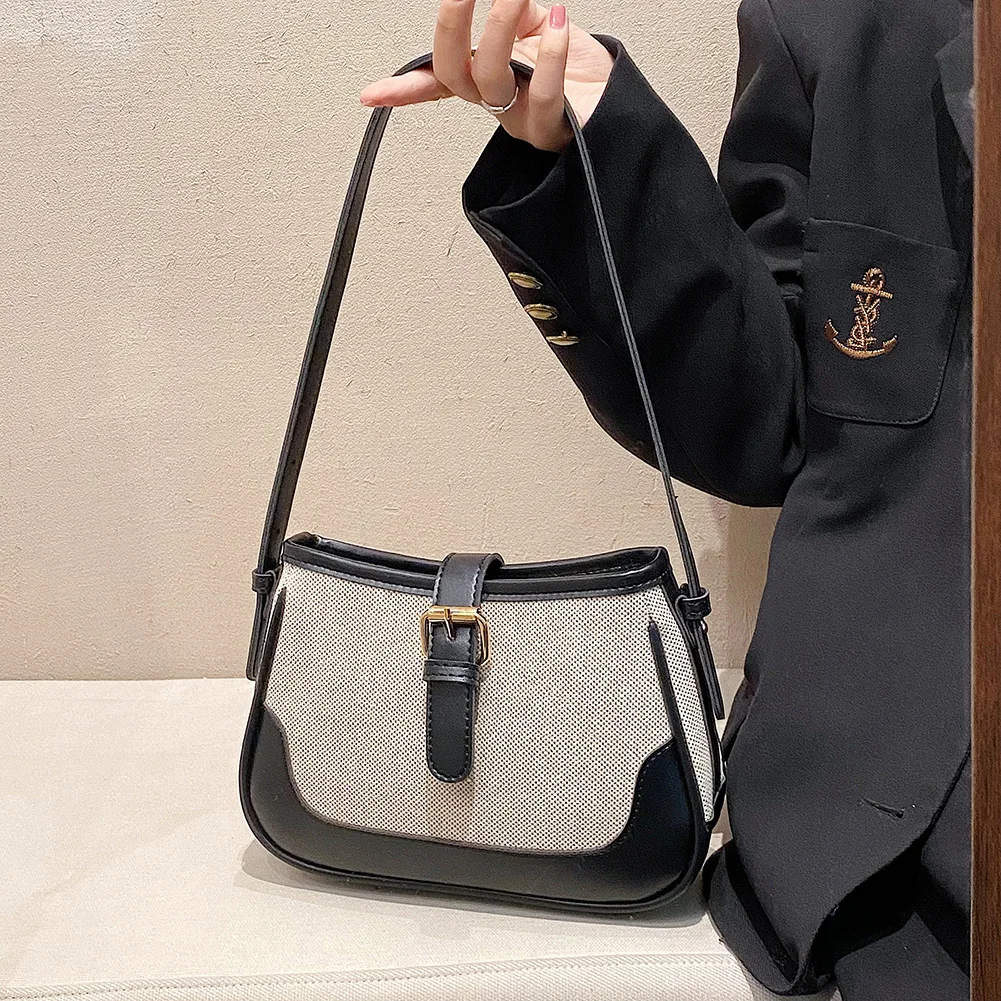 Small Style Contrast Saddle Bag All-Match Ins Underarm Bag Panel Canvas Retro One Shoulder Crossbody Clutch Handbags