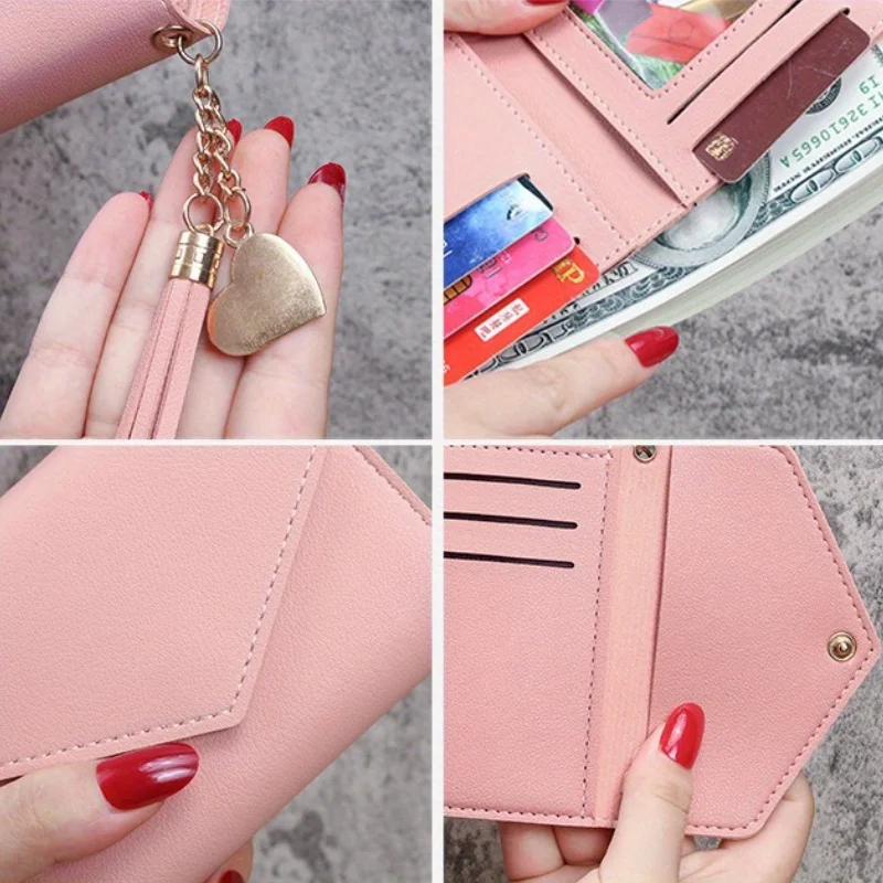 محفظة نسائية بسيطة وقصيرة، قلادة مع شرابة، محفظة عملات معدنية رفيعة لامعة بثلاثة أضعاف، حامل تذكرة للطلاب، حقيبة بطاقات متعددة الوظائف.