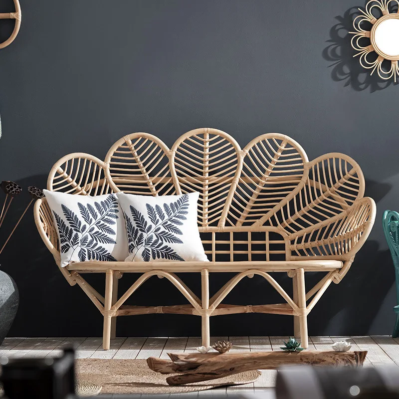 Japanese-style rattan woven double small sofa, homestay clothing store lounge chair, genuine rattan handmade two-seater rattan