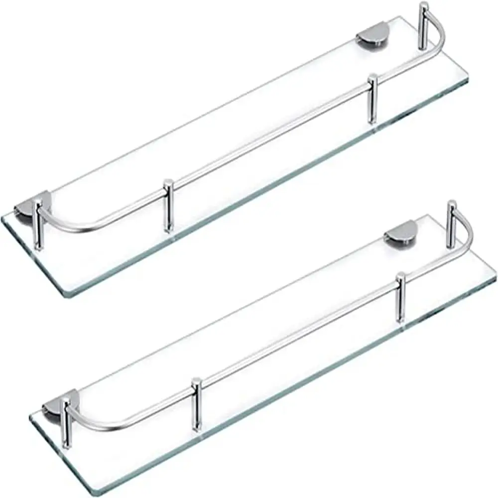 

Bathroom Glass Shelf with Rail 304 Stainless Steel Rectangular Tempered Glass Floating Shelves 15.7"x4.65"x1.77" 2 Tiers 5kg