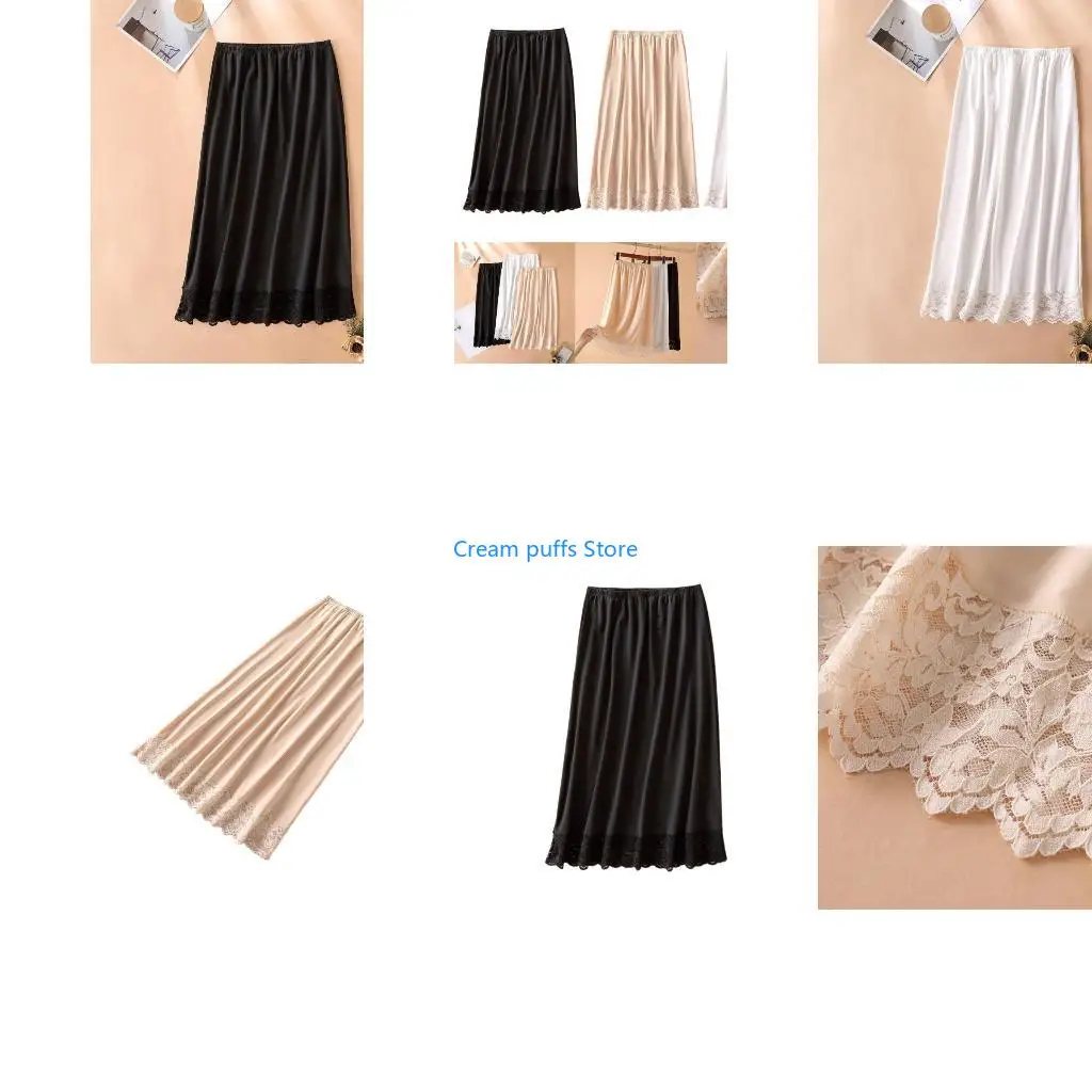 

50LE Women Lace Trim Color Invisible Underskirt Under Dress Half Slip Petticoat