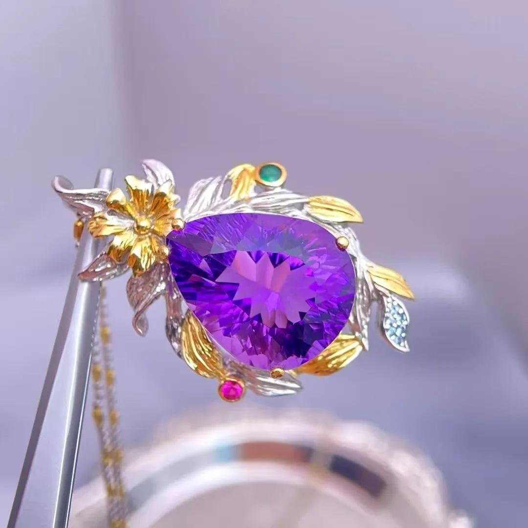 Natural Amethyst Pendant 925 Silver Two-tone Plated Baroque Style Handcrafted Floral Design Statement Necklace for Women