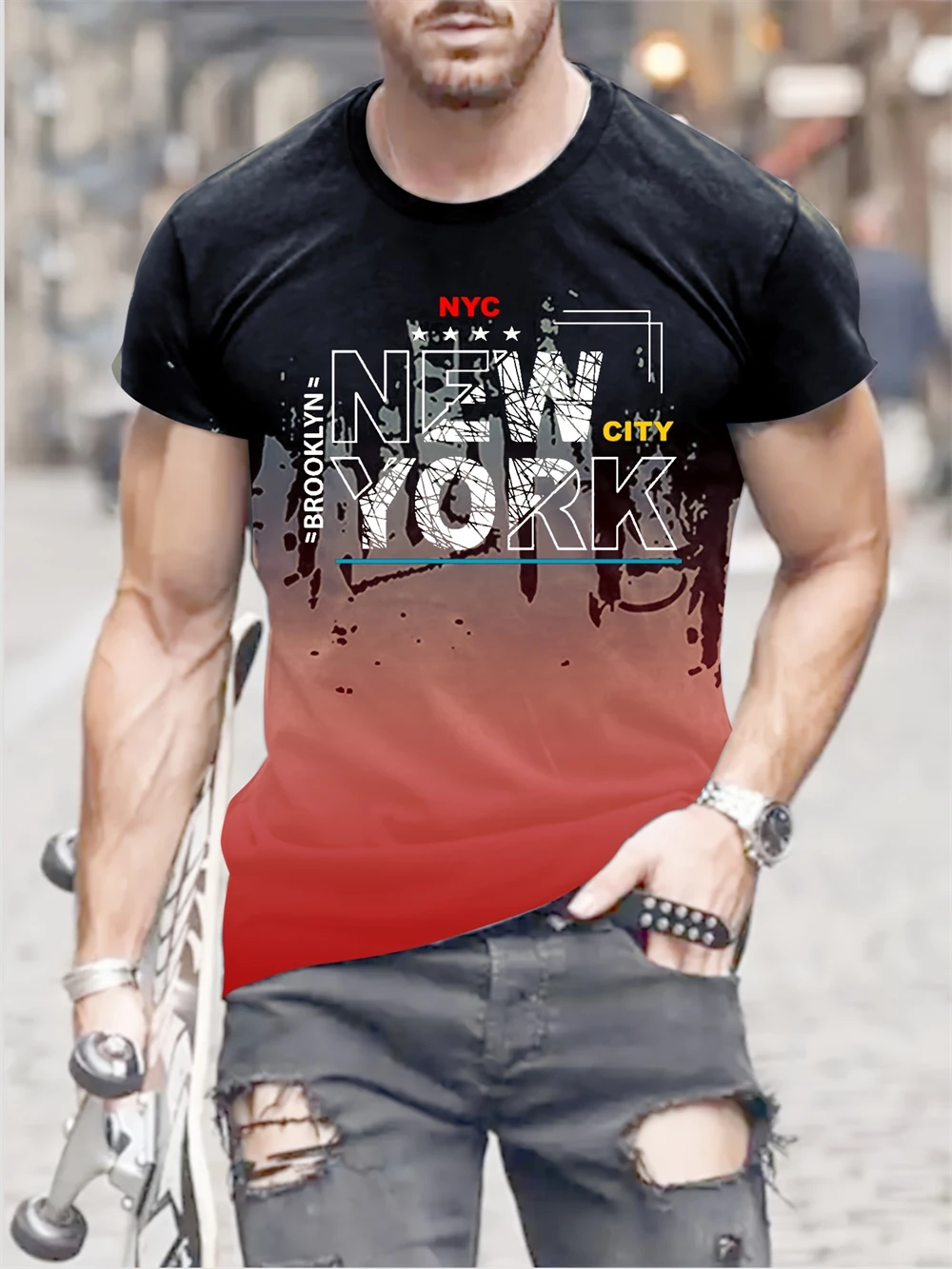 New York Gradient 3D Printed Crew Neck T-Shirts Soft Slight Stretch Polyester Fabric Casual Comfy Tees for Men Four Seasons Wear