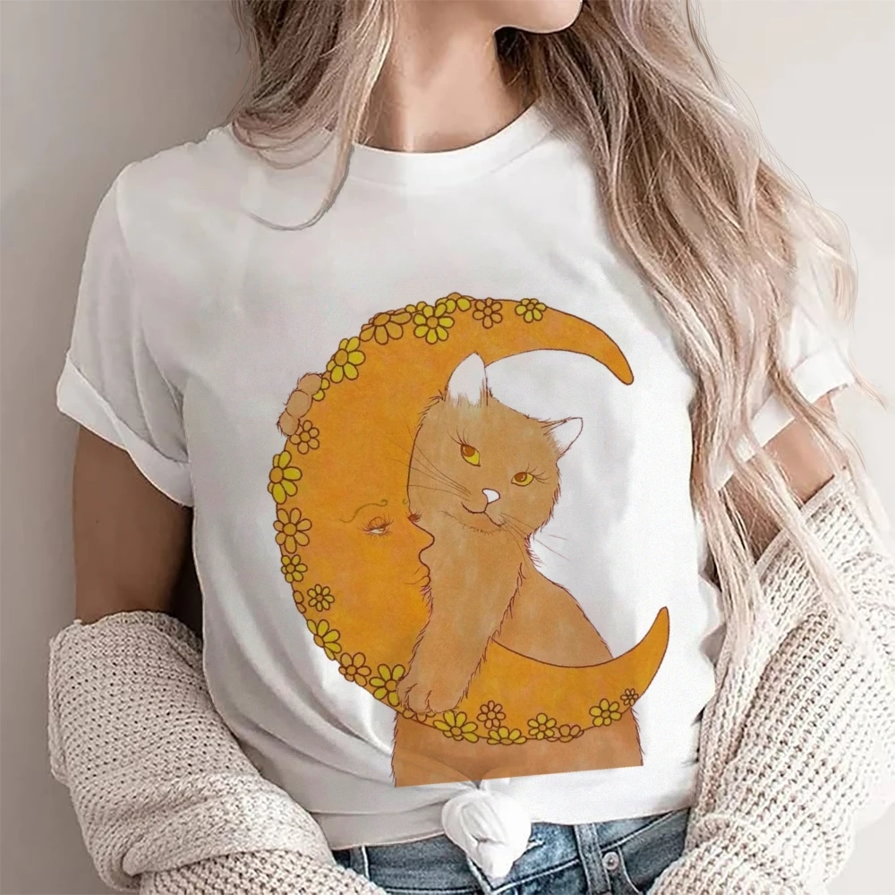 

Graphic T-shirt Moon Cat T-shirt Premium Cotton High Quality Oversize Colorful T-shirt Cat On Moon Print Whimsical Y2K Style