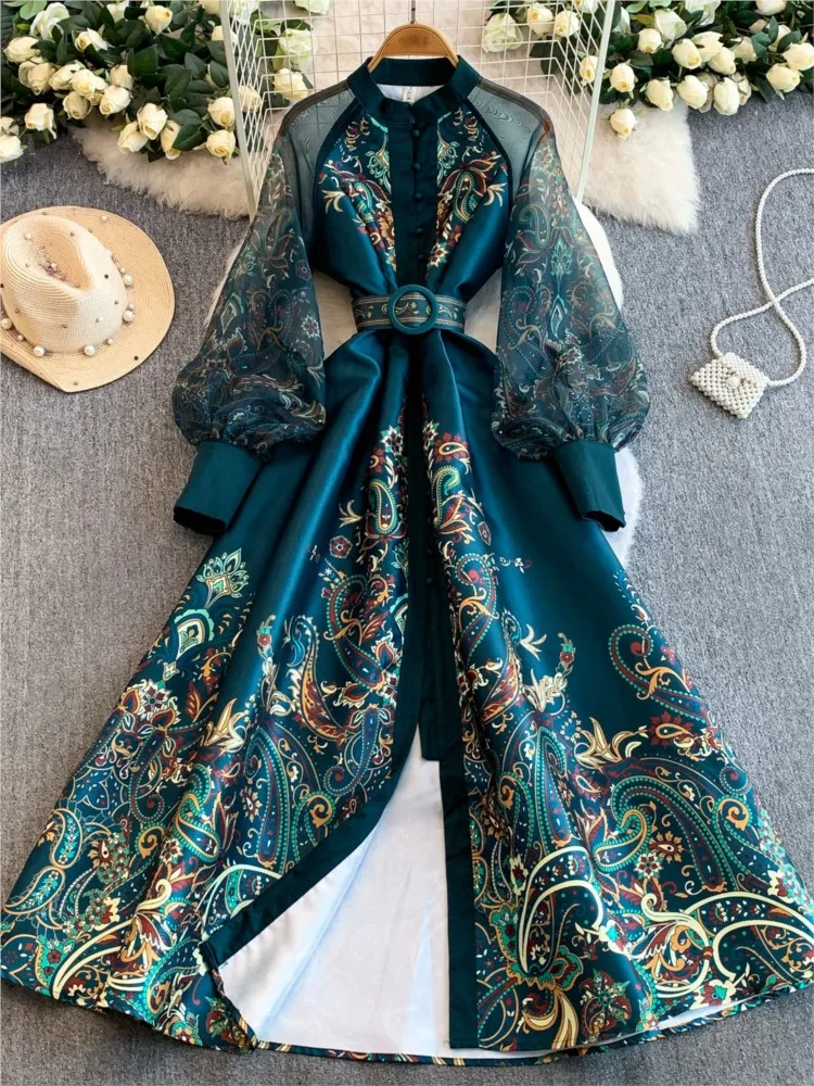 

A long skirt with mesh patchwork printed lantern sleeves cinched waist and wide swing