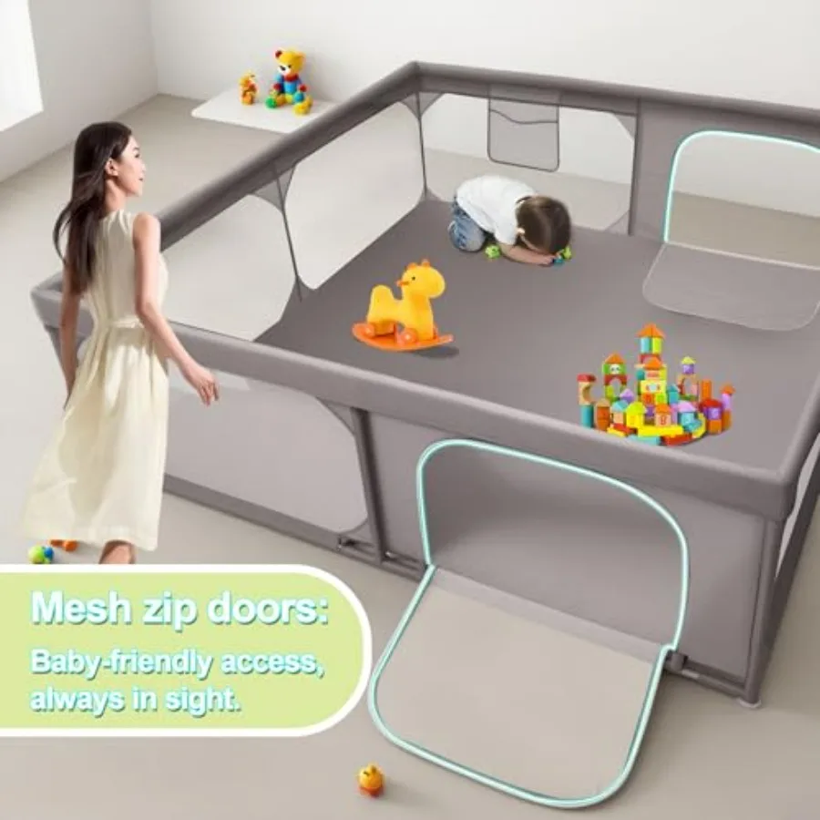 Extra Large 79x79 Baby Playpen for Toddlers and Infants with Dual Zipper Doors Dual Storage Mesh Pockets Fully Transparent Side