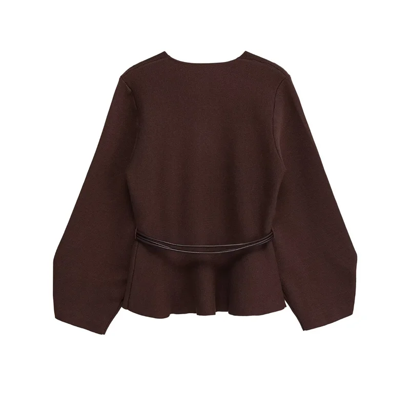 Damen-Strickjacke, 2025, Herbst, neuer Stil, tiefbraun, langärmelig, mit Gürtel, Dekoration, V-Ausschnitt, Strickjacke, Mantel, elegant