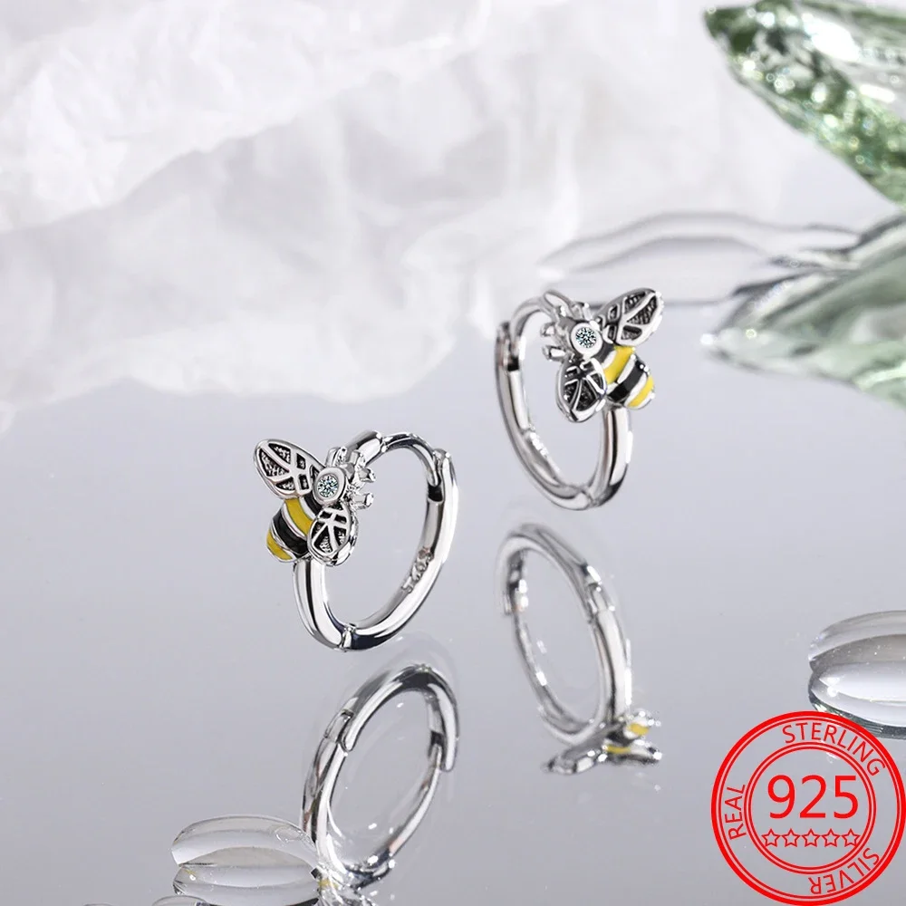 Hot Sale Bee Earrings For Girl Lovely Yellow Black Dancing Bee Happy S925 Hoop Earrings Birthday Gift Silver Jewelry