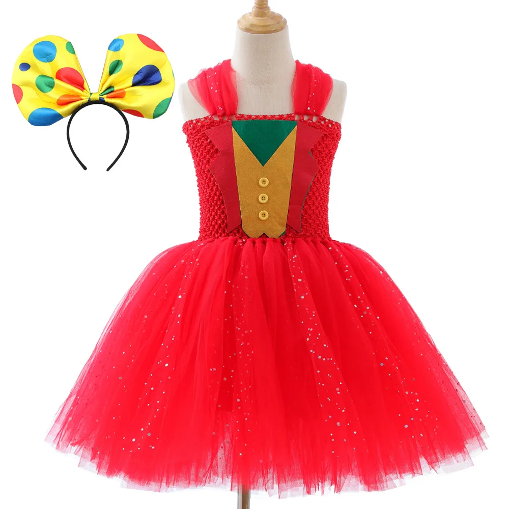 Halloween Role Play Circus Clown Red Unique Design Sparkly Tulle Tutu Dress With Hat Bow Headband Set For Kid Stage Performance