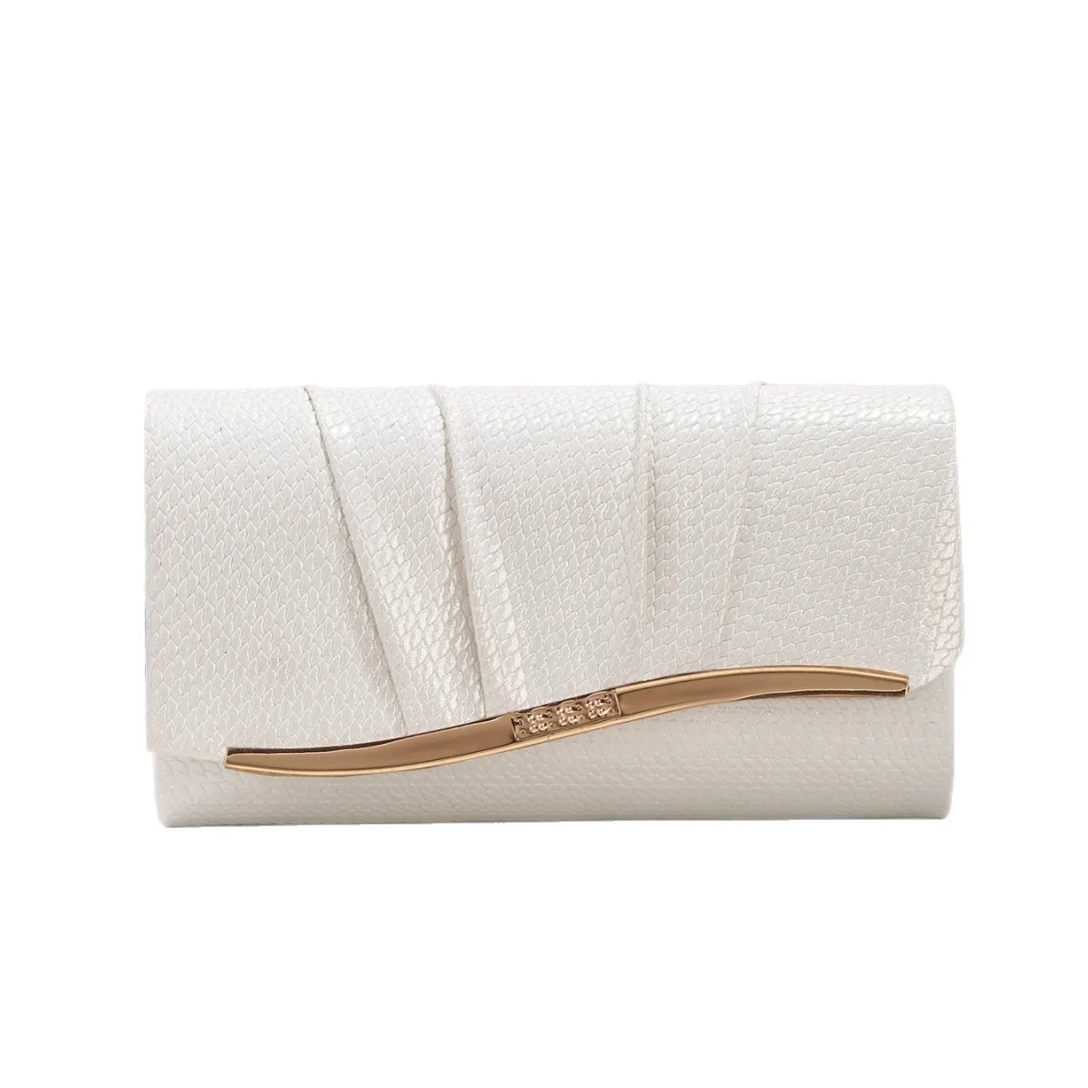

White Snakeskin Pattern Evening Clutch with Gold Metal Accent - Elegant Envelope Handbag for Women, Perfect for Party and Gala