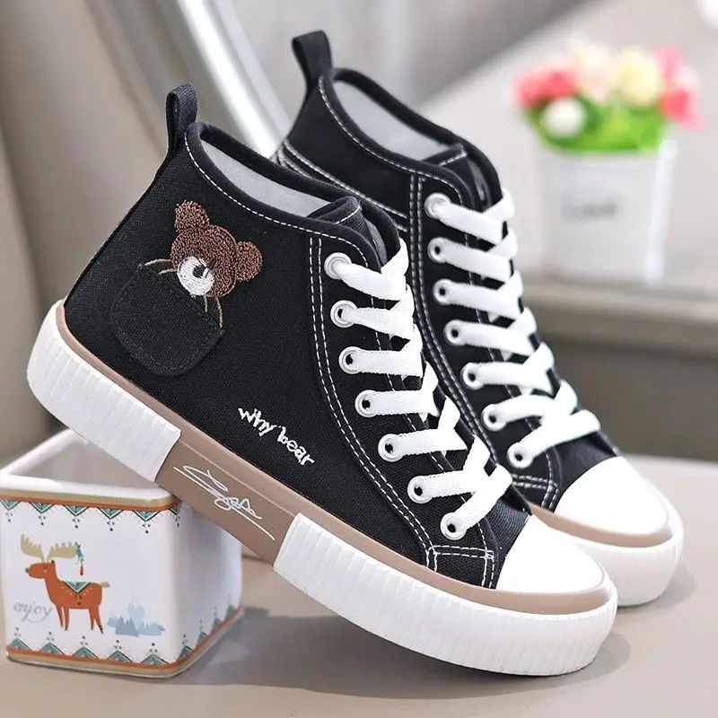 Women Flat Pocket Little Bear High Top Women Instagram Canvas Versatile Board Shoes 2023 New Women Shoes