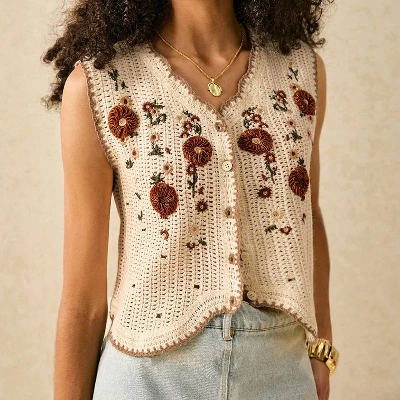 3D Floral Appliqué Tanks Crochet Vest Button Front Sleeveless Jacket Open-Knit Waistcoat Summer Cottagecore Modern Boho