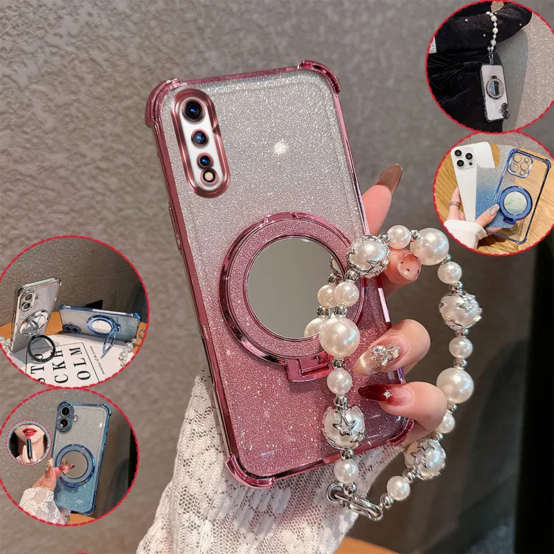 Capa de Telefone com Suporte Espelhado e Glitter para Vivo S1 iQOO Neo Y7s Z1X V17neo Z5 com Corrente de Pérolas, Antichoque e Antiqueda