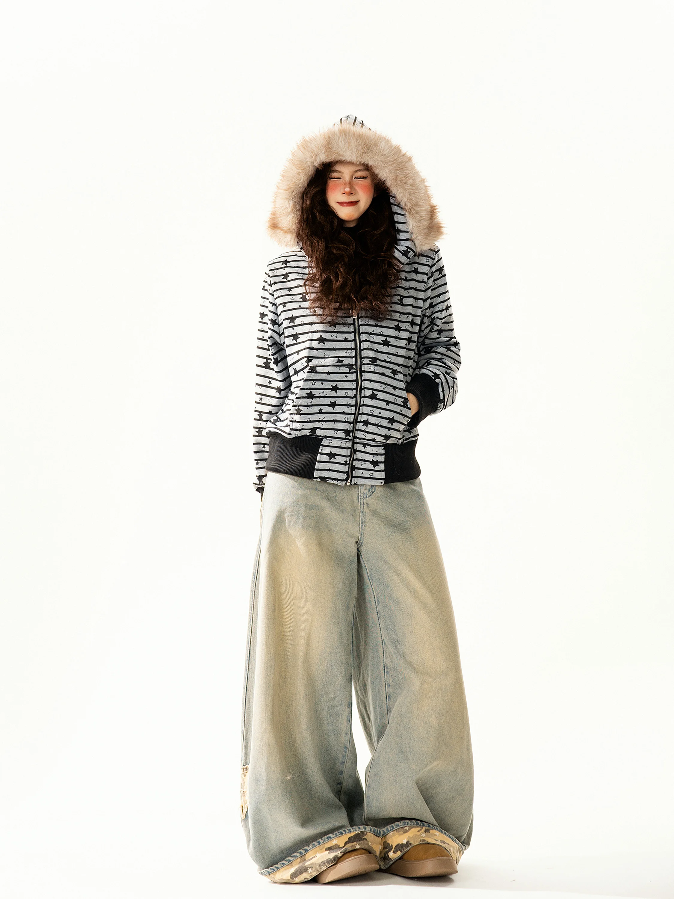 

Ретро-кардиган в полоску с капюшоном, женский, свободного кроя, на флисовой подкладке, уличный стиль, с длинными рукавами, на молнии, осень-зима