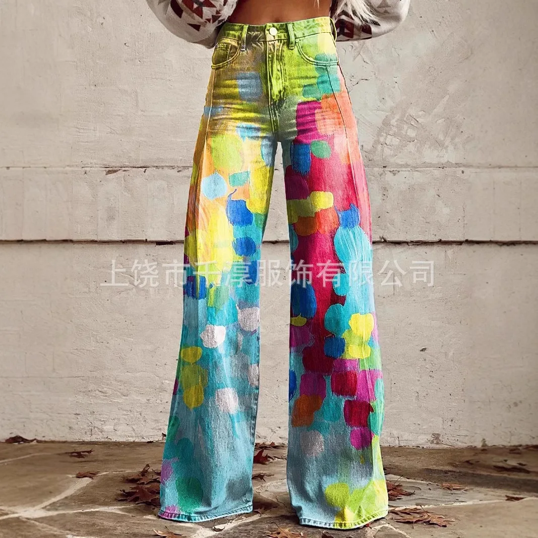 New Printed Imitation Denim Wide-Leg 3D Trendy Fashion Trousers Girls Floor-Length Pant Four Seasons Trousers Women Casual Pants