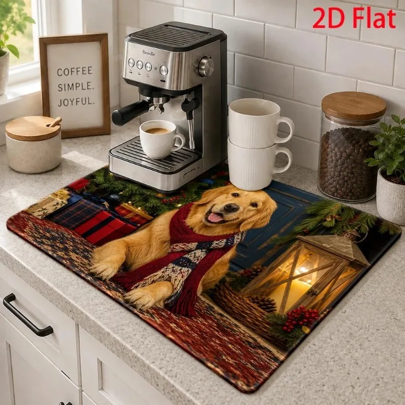 Dish Drying Mat 2D Flat Golden Retriever Dog Cushion Super Absorbent Christmas Lantern Pattern Kitchen Countertop Placement