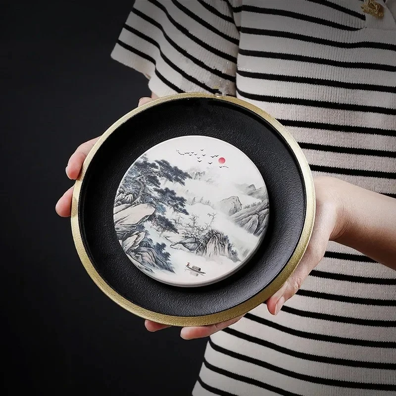 Sippy Cup Bearing Household Black Saucer Light Luxury High-End Gold Tracing Line Kung Fu Ceramic Tea Tray Tea Table