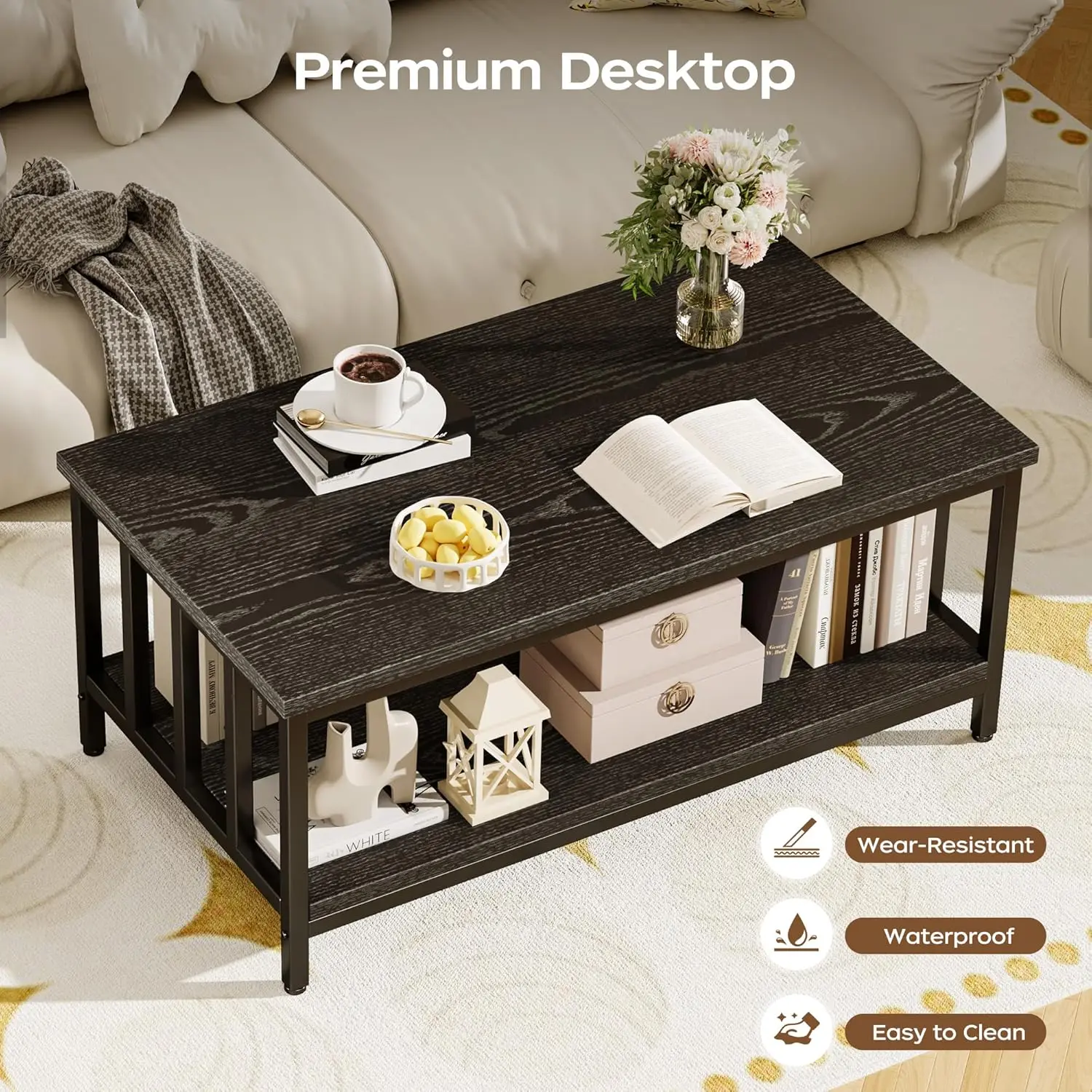 Coffee Table for Living Room with Slatted Sides Frame, Modern Farmhouse Living Room Table with 2-Tier Storage Shelf