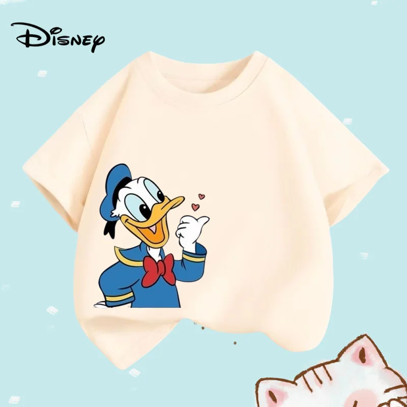 

Летняя детская одежда для мальчиков, футболки с мультяшным принтом Disney Love Donald Duck, модный топ с короткими рукавами и круглым вырезом для девочек
