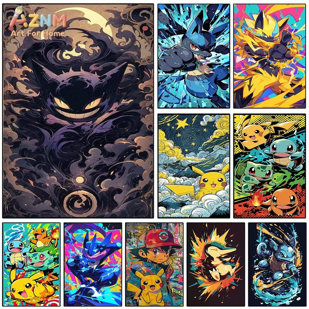AZNM Mixed Style Pokemon Canvas Wall Print Single Unframed Poster Gengar Lucario Pikachu Ash Graffiti Starry Sky Art For Teen