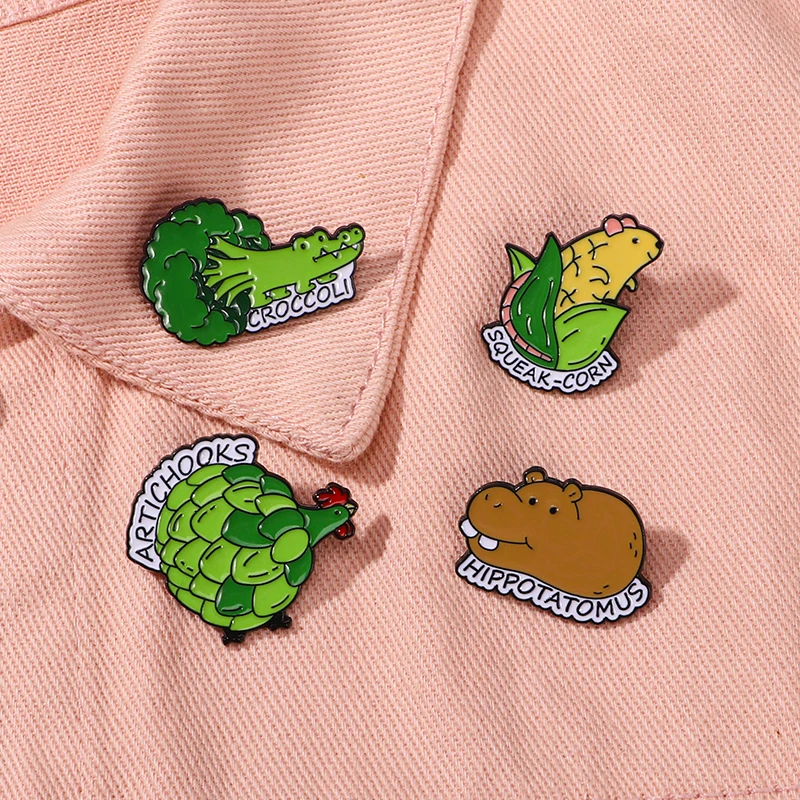 Statement Vegetables and Animals Combo Brooch Creative Corn Mouse Potato Hippopotamus Broccoli Crocodile Enamel Pins