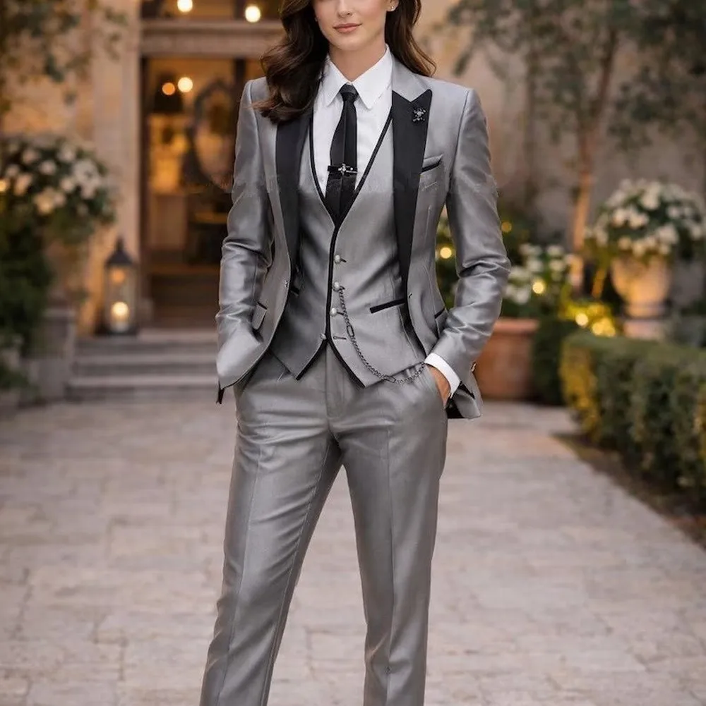 Grey And Black Formal Business Women Suit Wedding Party Prom Ladies Mother Girl Tuxedos Costume 3 Piece Set Blazer Vest Pant