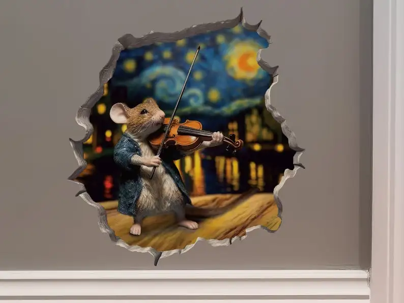 

The Starry Night Violin Mouse in Mouse Hole Decal - Mouse Hole 3D Wall Sticker