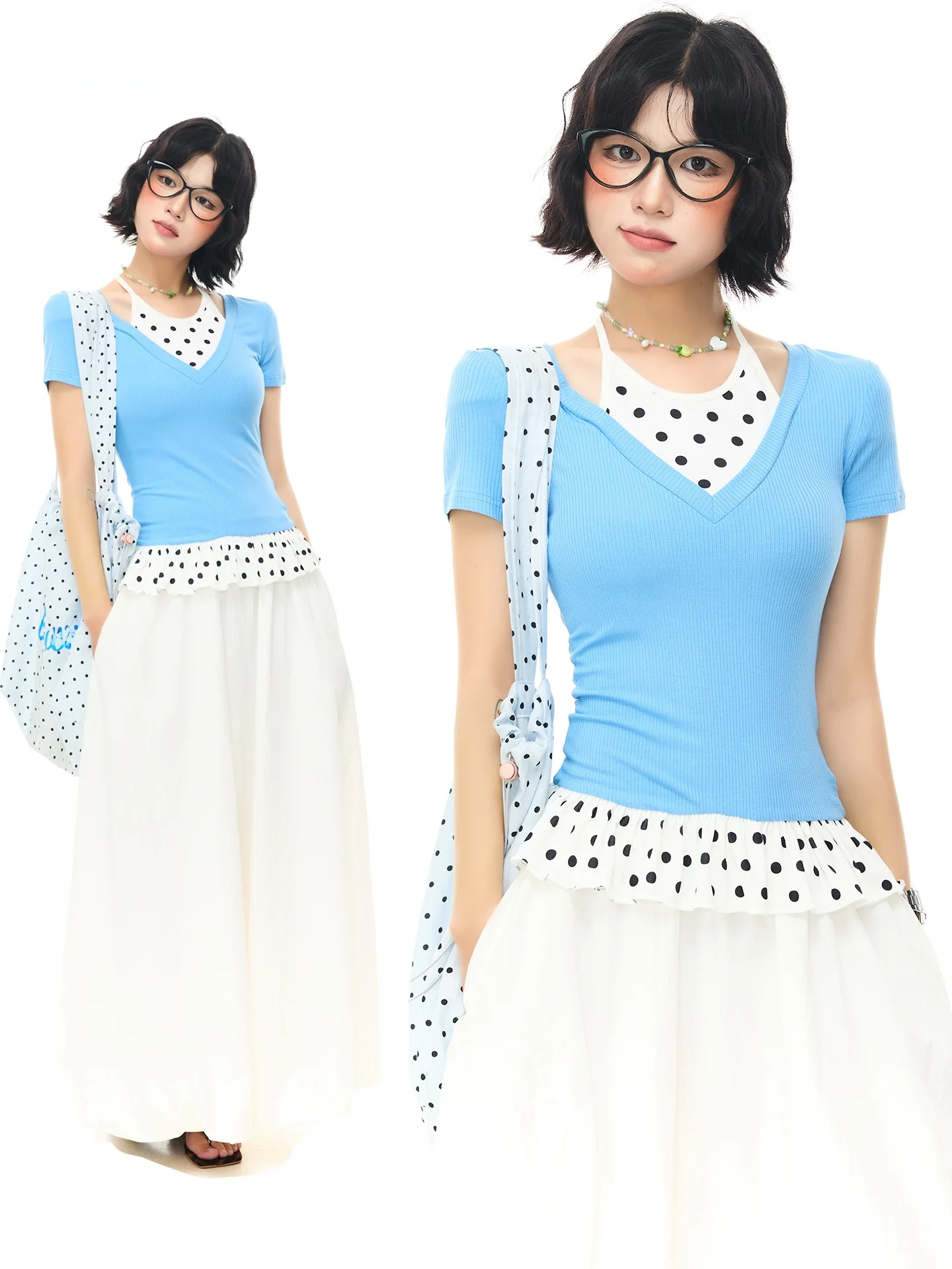 Sanowers Polka Dot Contrast Color Short Sleeve Slim Fit Neck Hanging T Shirt Women Summer Casual Style Printed Youth Fashion