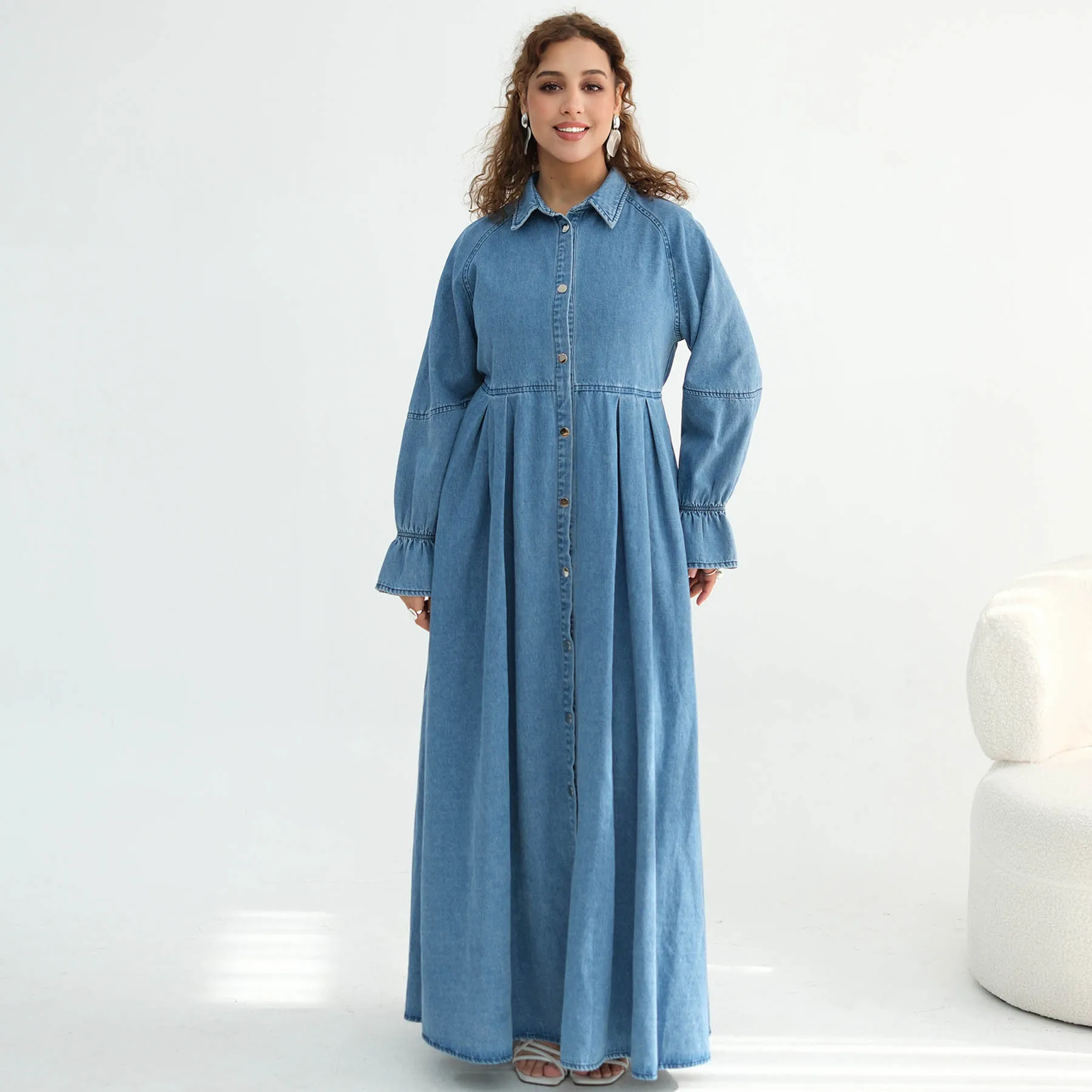Ramadan Eid Regular-Fit Muslim Women Wash Blue Denim Maxi Shirt Dress-Raglan Sleeve Button Front Elastic Back Waist Side Pockets