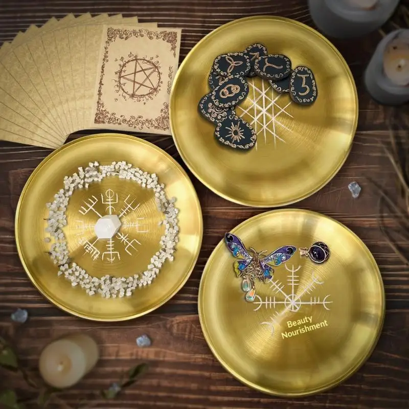14cm Stainless Steel Plate Candlestick Ceremonial Ornament Engraving Plate Nordic Compass Crystal Storage Round Plate