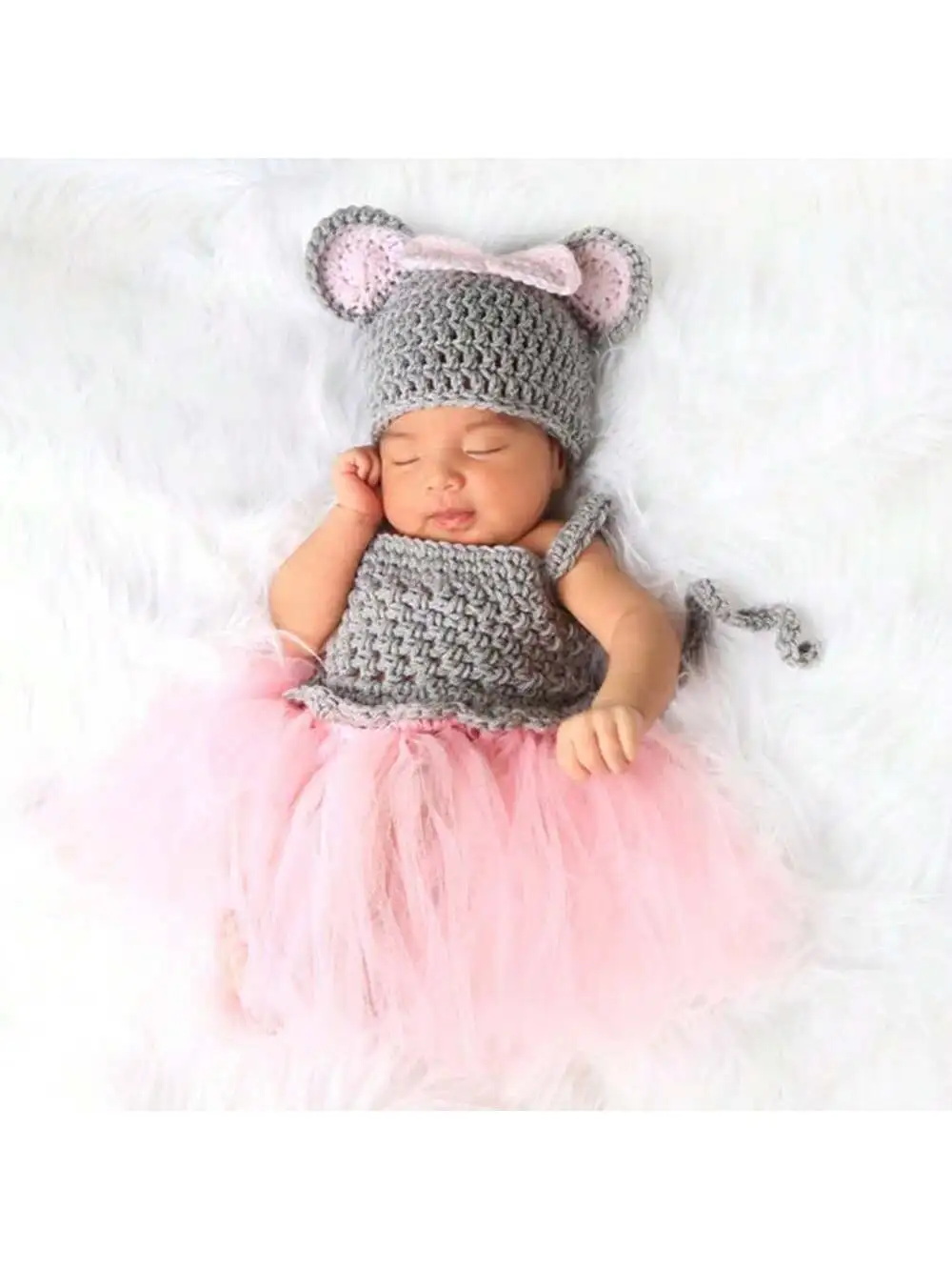 Newborn Photography Outfits Girl Tutu Dress Photo Prop Lace Mesh Splicing Cable Knit Rabbit Hat Romper Infant Photoshoot Clothes