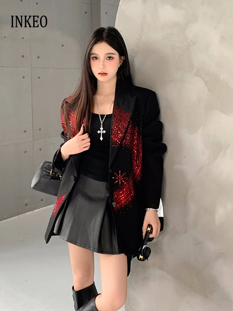 

Роскошный женский блейзер нестандартной формы со стразами, новый дизайн 2025 года, стильная куртка с подплечниками, офисное женское пальто большого размера INKEO 5O049