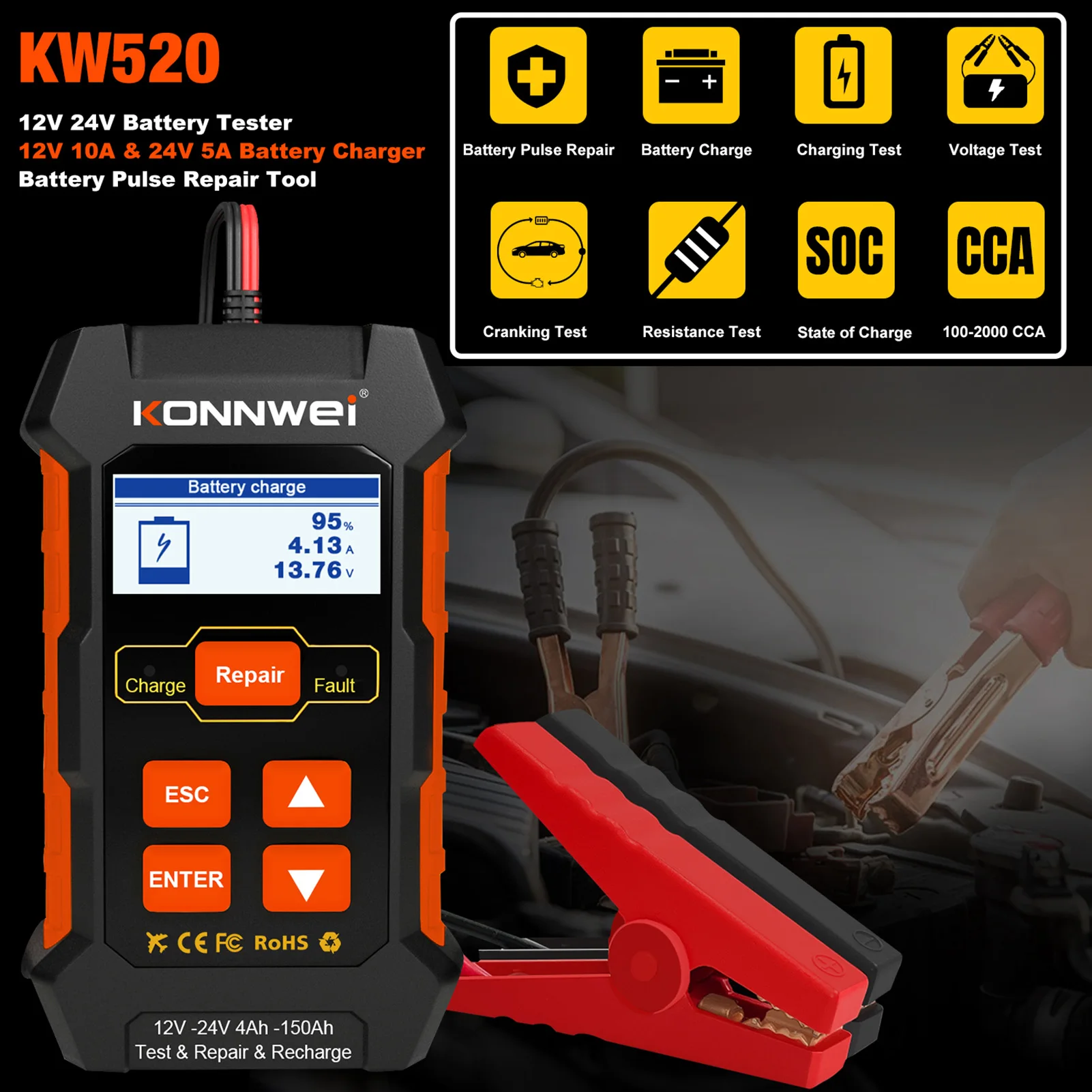 KONNWEI KW520 12V 24V Car Battery Tester Charger and Battery Repairing Tool 3 in 1 Diagnostic Scanner 100-2000CCA Battery Tester