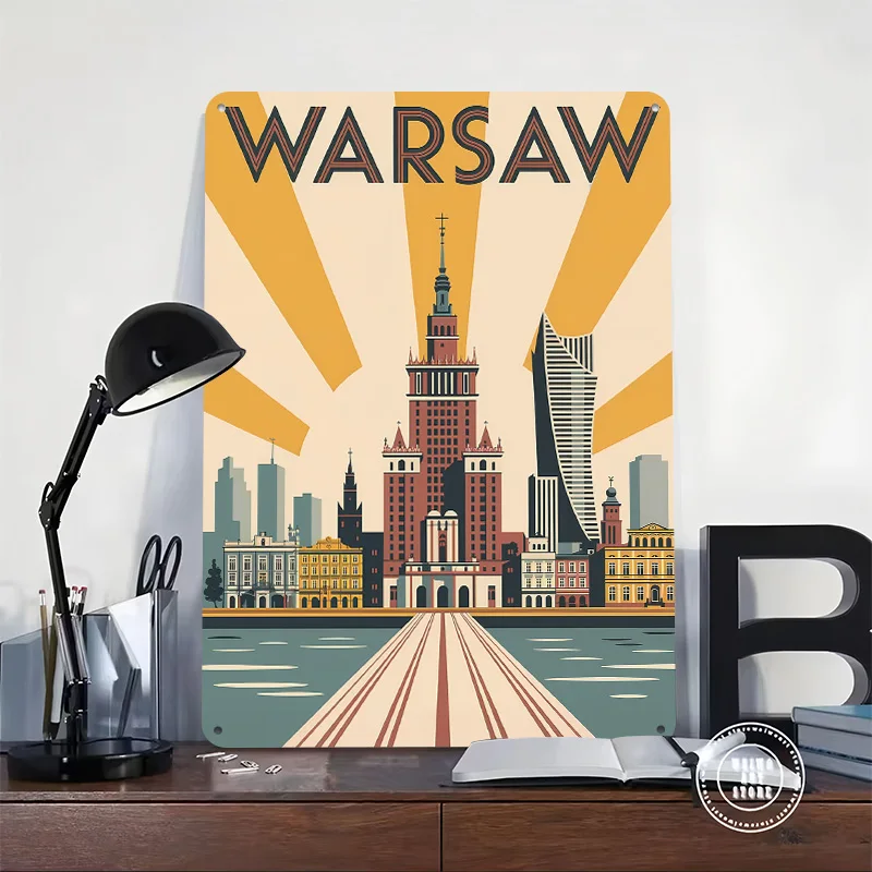 Warsaw Cityscape Vintage Travel Printed Poster Customized Retro Wall Art Vintage Metal Tin Signs for Home Room Decoration Cozy