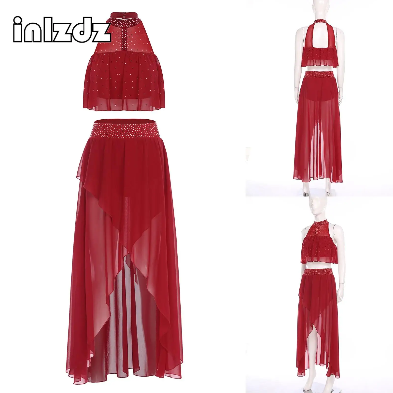 

Women Lyrical Modern Dance Outfit Set Halter Sleeveless See-through Backless Tank Tops+Chiffon Skirt Gymnastics Performance Sets
