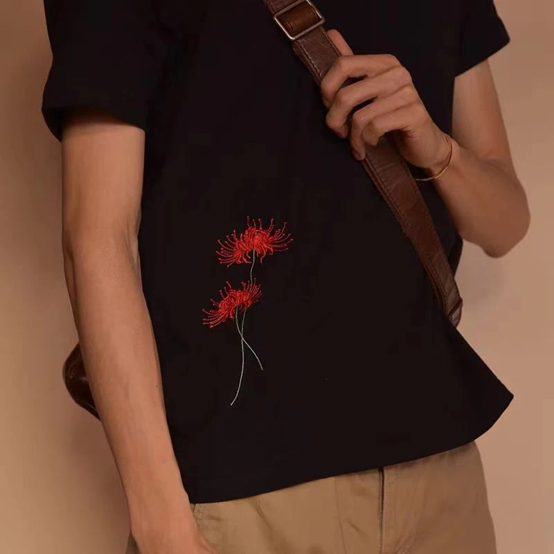 Chinese Style Lycoris Radiata Embroidery Men O Neck Short Sleeve T Shirts Cotton Fashion Casual Artistic Clothing Couple Black