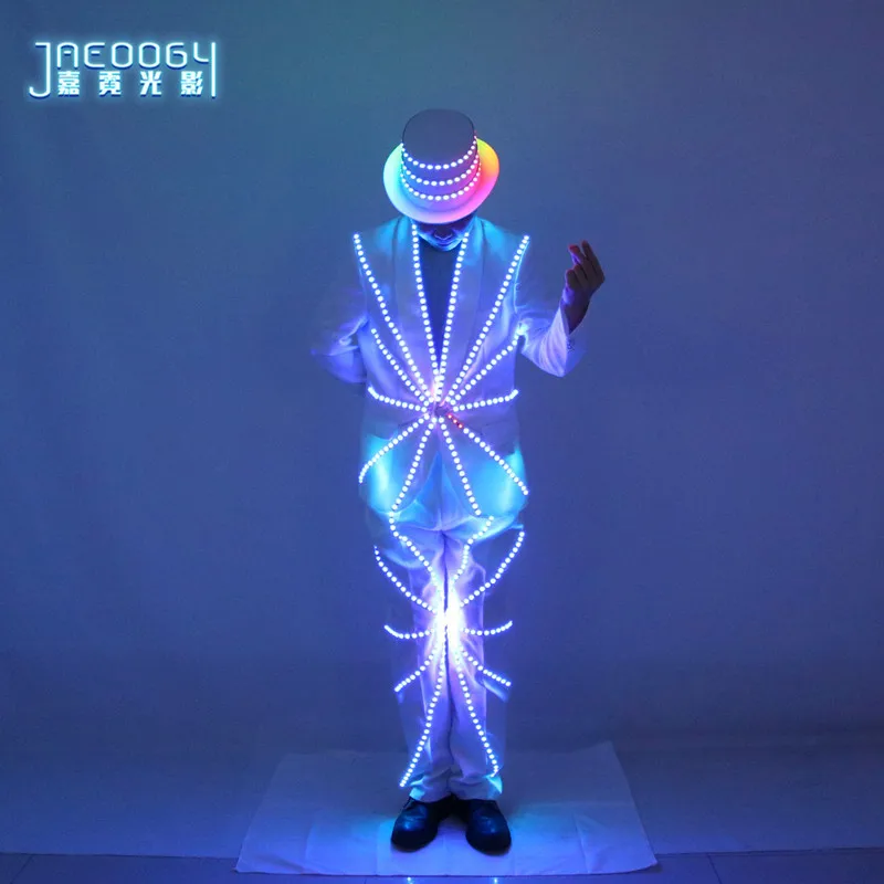 LED Suit Men Stage Costume Luminous Light up Carnival Rave Outfit Tron Dance Wear Circus Nightclub DJ Magician Top Pants Hat