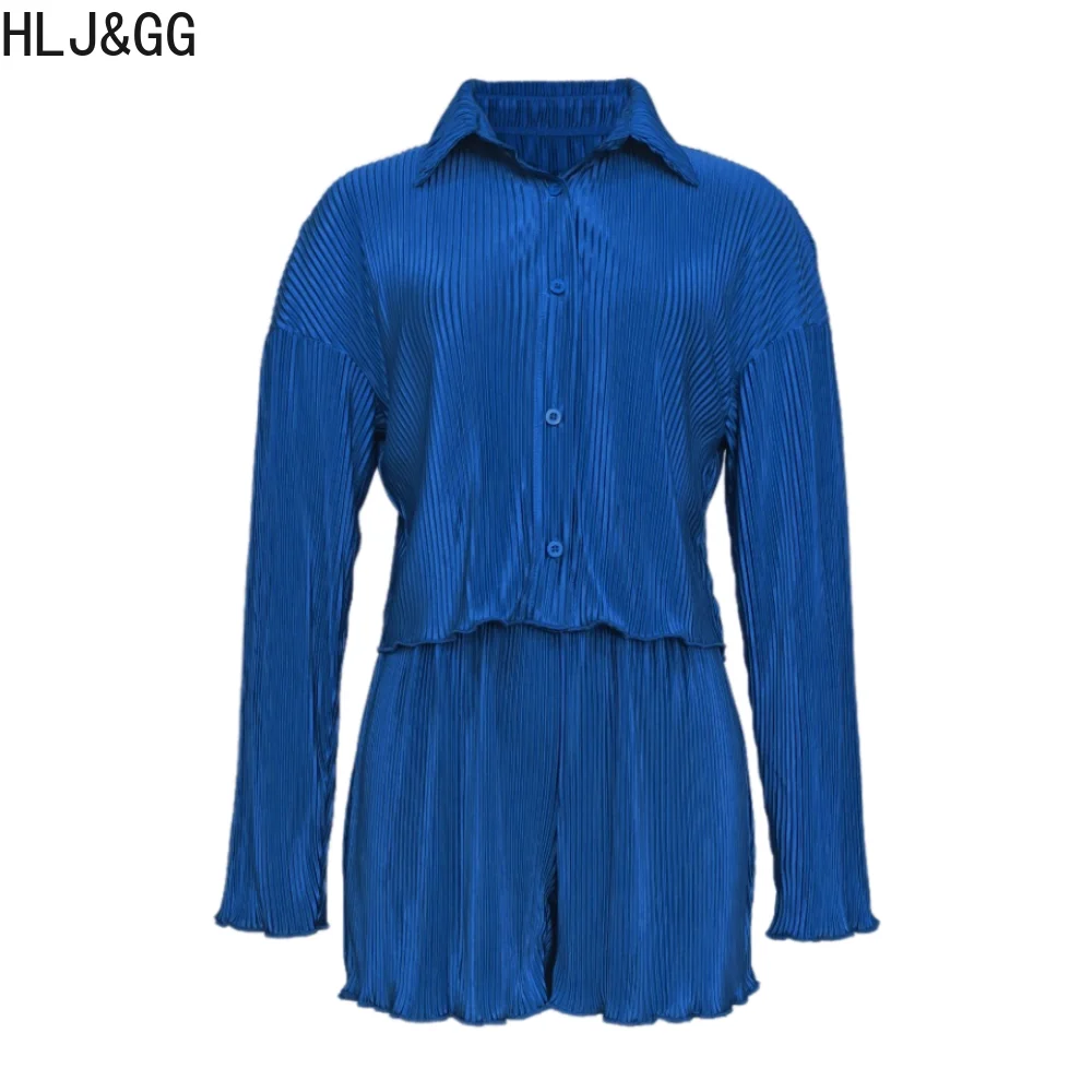 HLJ&GG Casual Solid Loose Shirt Two Piece Sets Women Turndown Collar Button Long Sleeve Shirt And Shorts Outfits Female Clothing