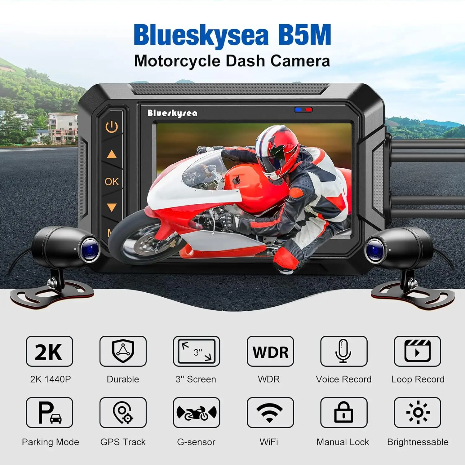 Motorcycle Dash Cam Camera, Blueskysea B5M 2K 30fps Dual Wide Angle 150° Lens Sportbike Recording DVR with 3'' IPS Screen