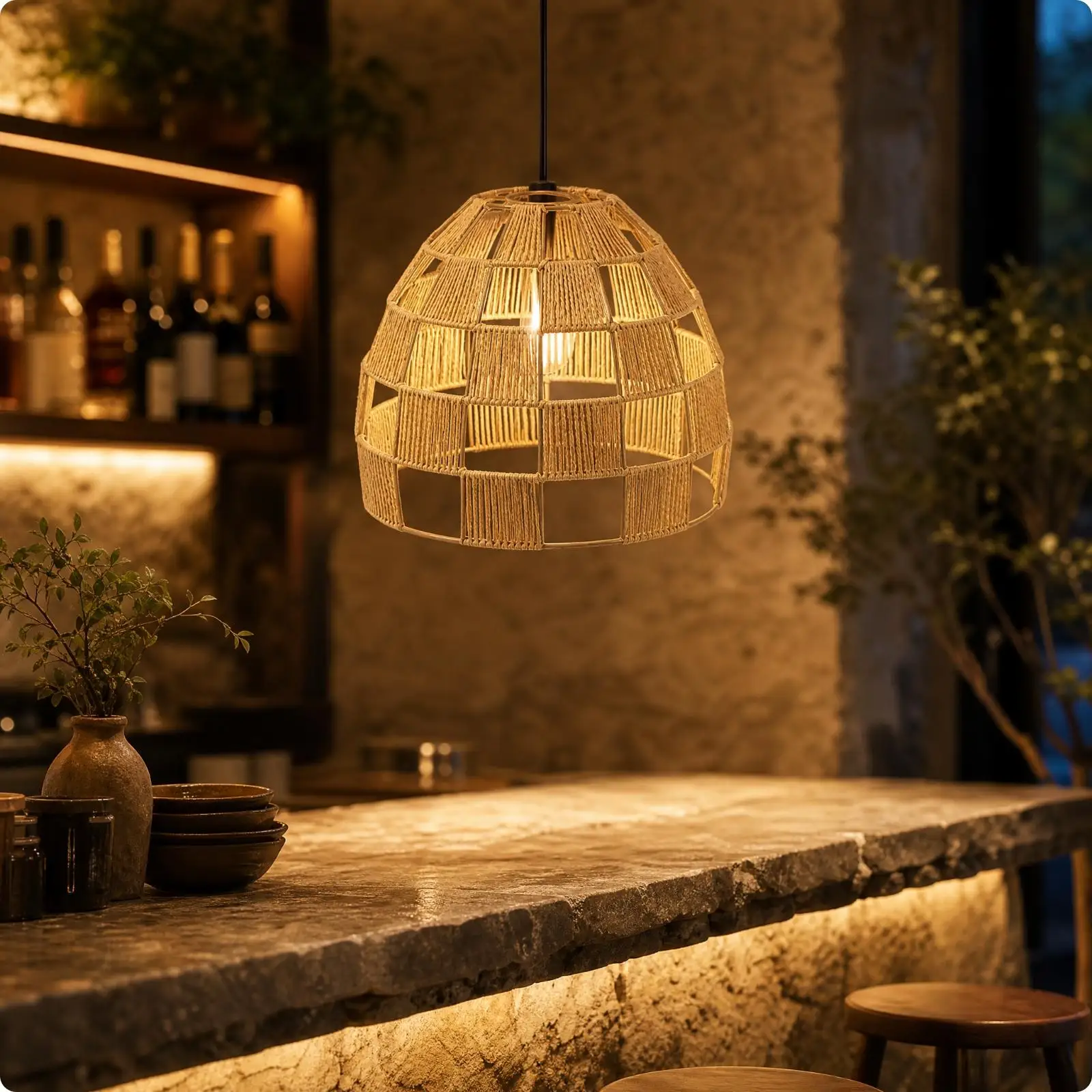 Handwoven Paper Rope Pendant Lamp Shade Lightweight Paper Rope Pendant Lamp Shade Open Weave for Dining Room, Restaurant,
