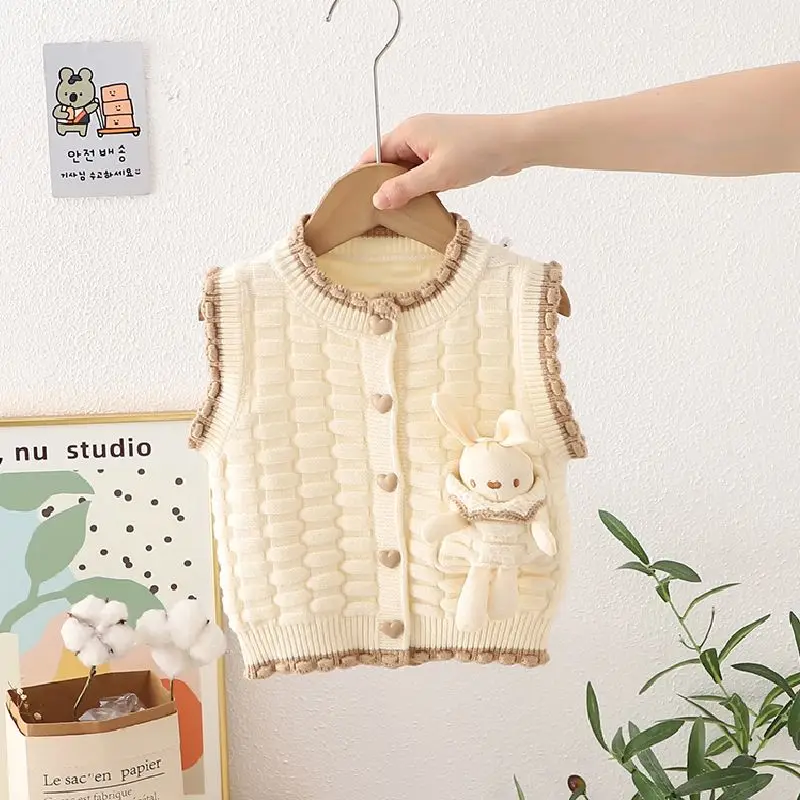 Kids Girls Cute Rabbit Vest Baby Girls Knitted Sleeveless Cardigan Heart Shaped Button Tops Autumn Winter Pink Beige Sweaters