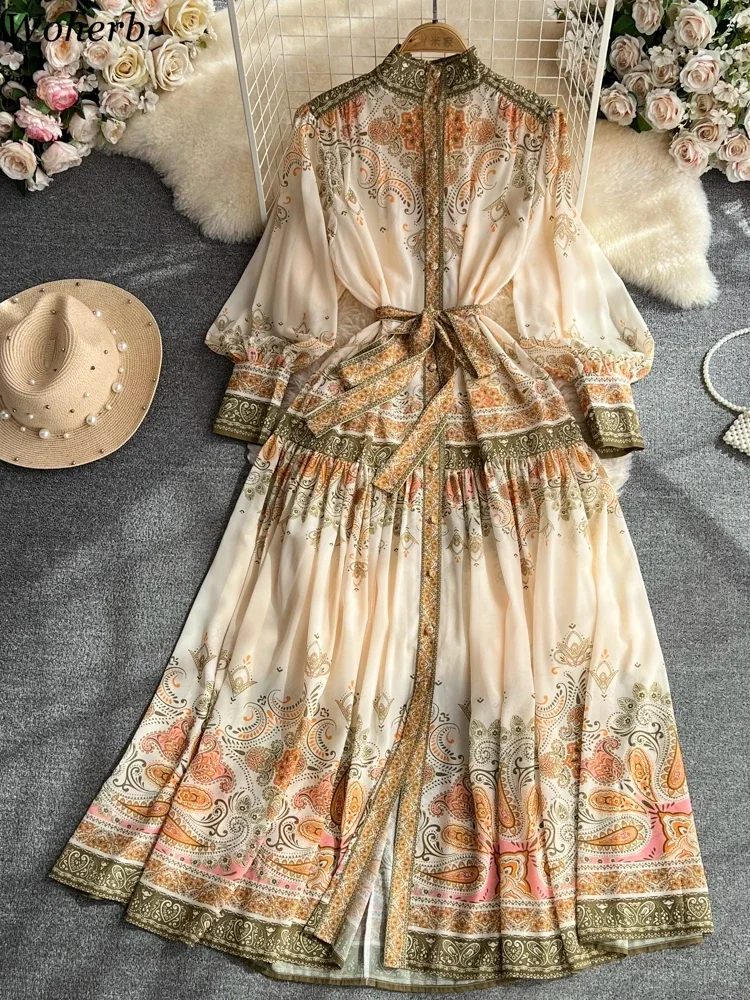 New Floral Single Breasted Dresses Women  Temperament Bandage Robe Femme 2025 Vestidos De Mujer Tunic A-line Pleated Maxi Dress