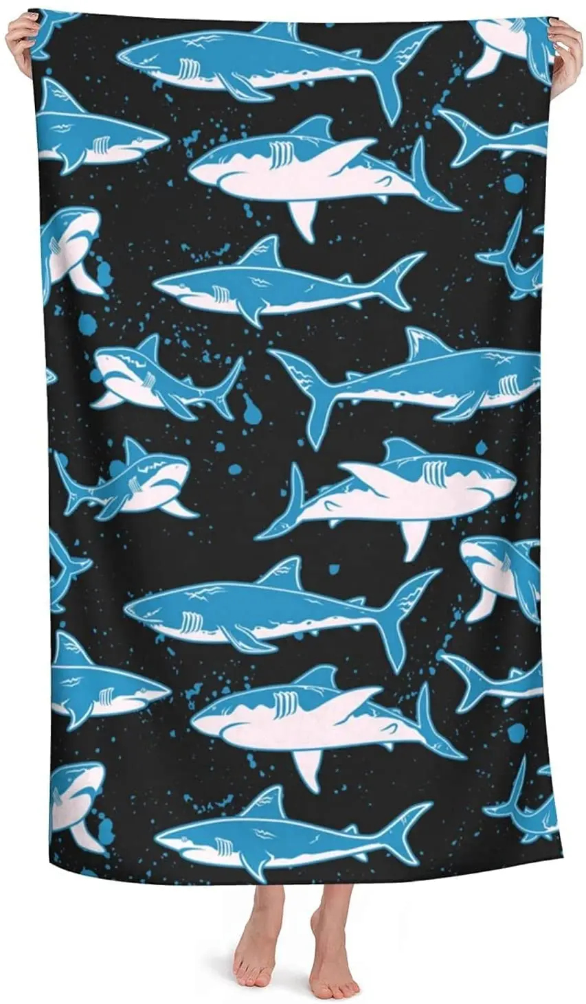 Blue Shark Beach Towels Quick Dry Microfiber Soft and Absorbent Bath Towel Outdoor Travel Oversized Beach Towel for Adults Kids