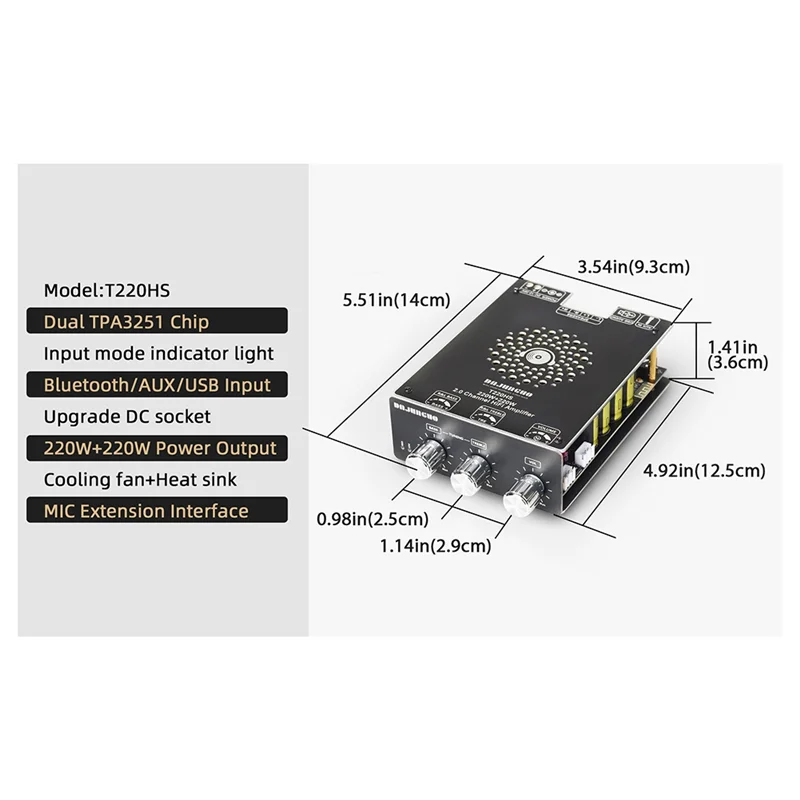 T82C Hot Sale-DAJUNGUO T220HS Bluetooth Amplifier Board 220W+220W Stereo Channel Hifi Amplifier TPA3251 Bluetooth 5.2 Audio Modu